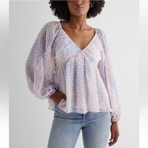 Express NWT purple blue white leopard print long sleeve blouse tie back